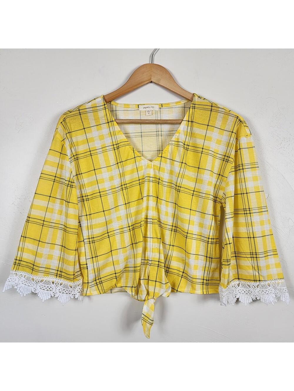 Paper + Tee Yellow Plaid Tie-Front Crop Top Women’s Medium Lace Preppy Dollcore